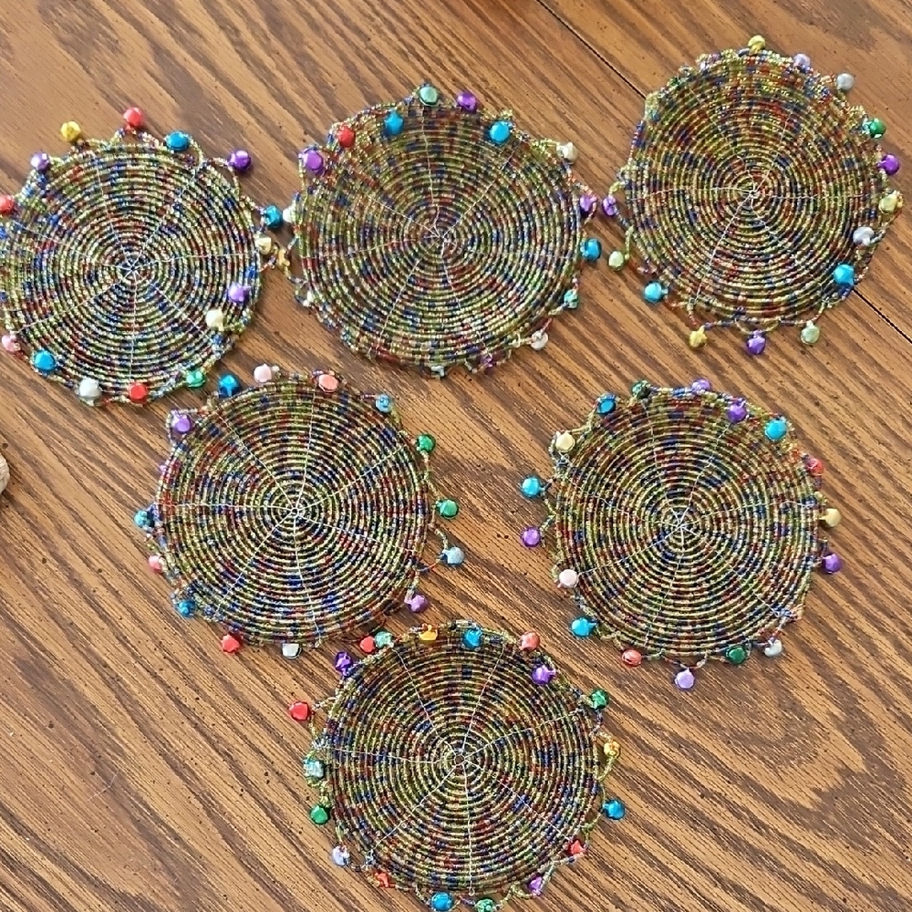 Multicolor Beaded Coasters Set Handmade - 6 Total